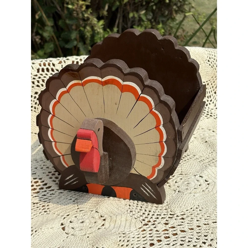 Vintage Wooden Hand Painted Turkey Basket Wood Slats Thanksgiving Kitchen Decor